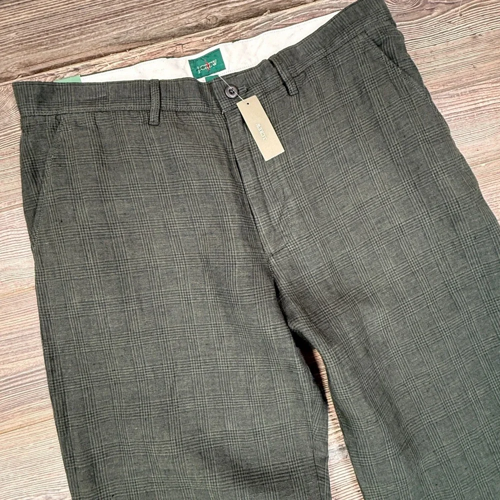 J.Crew Mens Size 35x32 100% Linen Pants Brown Olive Green Glen Plaid CA092 NEW